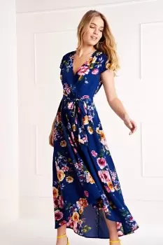 Image of Navy Front Wrap Floral Dress