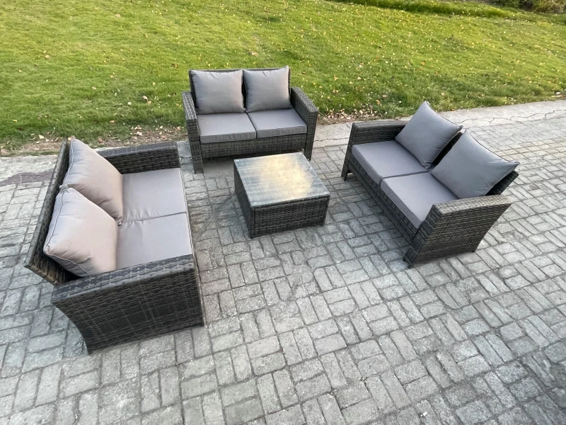 Image of Fimous 6 Seater Rattan Wicker Garden Furniture Patio Conservatory Sofa Set with Square Coffee Table Double Seat Sofa in Dark Grey Dark Grey Unisex