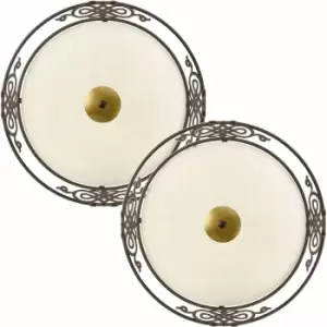 Image of Loops - 2 pack Wall Flush Ceiling Light Antique Brown Gold Shade Beige Glass E27 2x60W