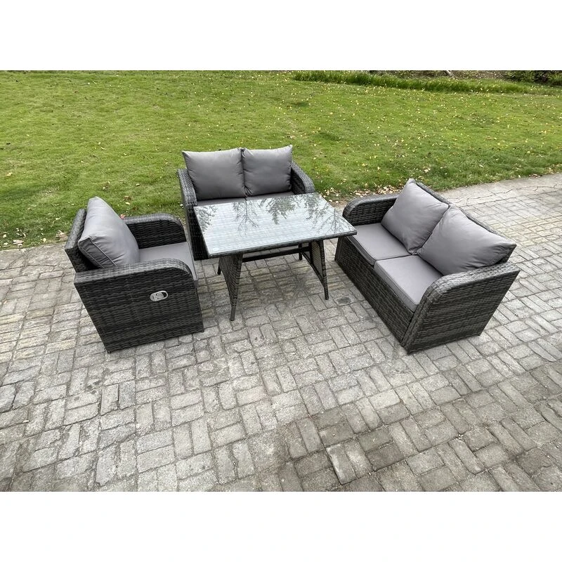 Image of Fimous Outdoor Garden Dining Sets Rattan Furniture With Dining Table Armchairs Love Sofa Dark Grey Mixed Dark Grey