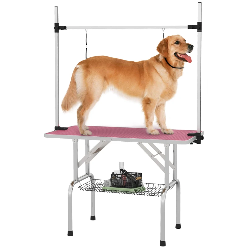 Image of PawHut Metal Adjustable Dog Grooming Table Rubber Top 2 Safety Slings Mesh, Pink D01-027V00PK