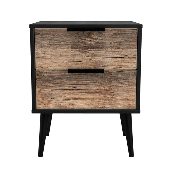 Image of Welcome Furniture Ready Assembled Hirato 2 Drawer Bedside Cabinet Vintage Oak Black Wood Legs HKB105VOB