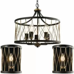 Image of Loops - 5 Vintage Bulb Ceiling Lamp & 2x Matching Wall Light Bronze & Black Metal Cage