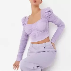 Image of Missguided Mesh Ruched Milkmaid Crop Top - Purple