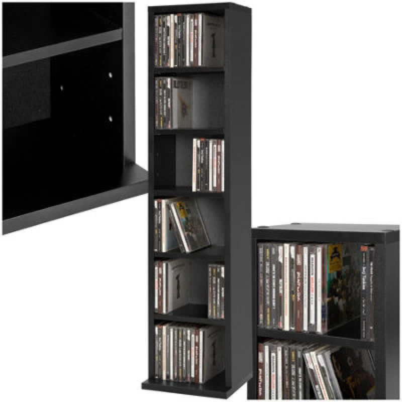 Image of Tectake Cd DVD Storage Tower Media Display Unit Adjustable Shelves Wood Effect 102 Cds Or 27 Dvds - Black