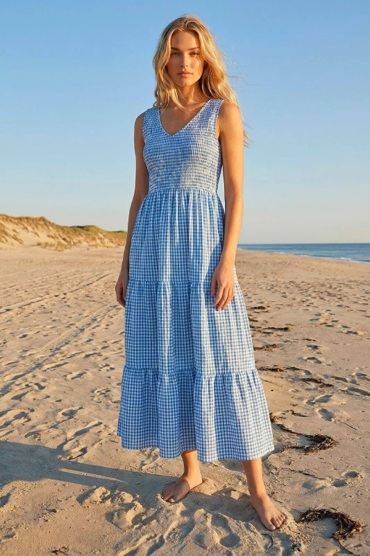 Image of Dusk Womens Gingham Tiered Midi Dress in Blue Size: 10 Blue Female 10