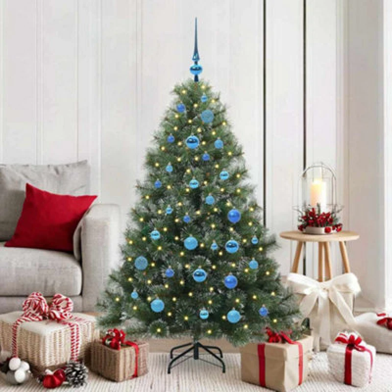 Image of vidaXL Artificial Christmas Tree with 150 LEDs & Blue Balls Snow Flocked Green 150cm PE and PVC, Green 3397842