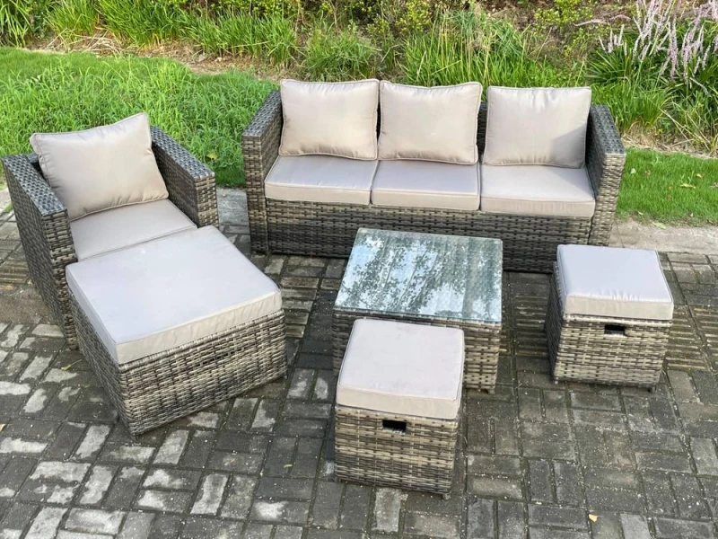 Image of Fimous 6 PCS Outdoor Lounge Sofa Set Wicker PE Rattan Garden Furniture Set with Coffee Table 3 Small Footstools Dark Grey