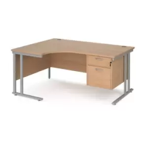 Image of Office Desk Left Hand Corner Desk 1600mm With Pedestal Beech Top With Silver Frame 1200mm Depth Maestro 25 MC16ELP2SB
