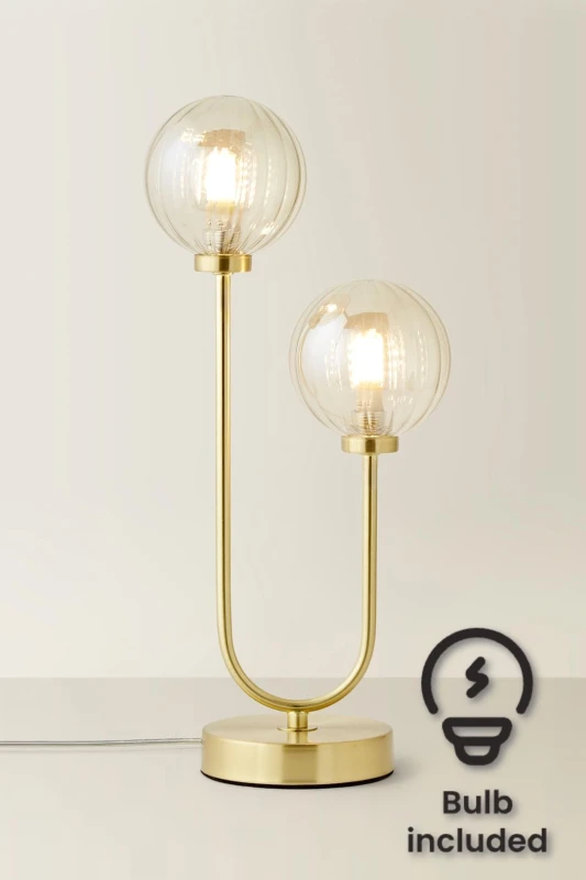 Image of ValueLights Chessy Asymmetric Ribbed Glass Globe Gold Dual 2 Way Stem Table Lamp & LED Bulbs Gold