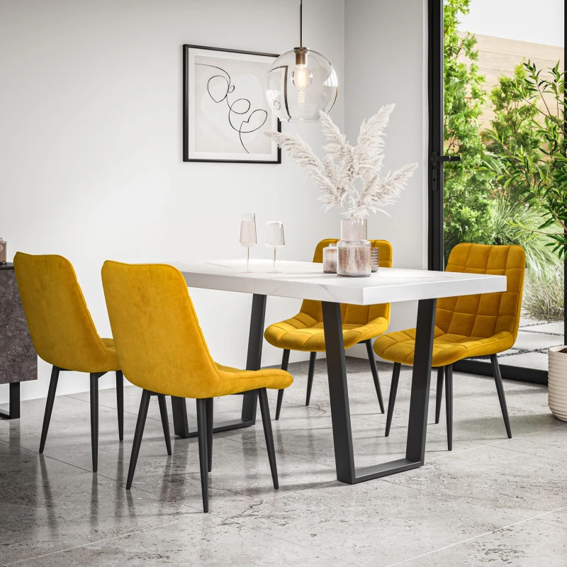 Image of More4Homes Aria Dining Table And Chairs - White Marble Effect Table Top W Black Legs + Nova Velvet Dining Chair Set Of 6 (Mustard)