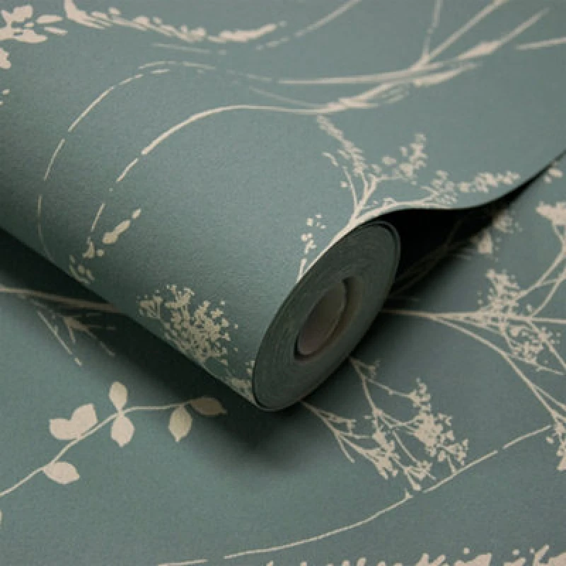 Image of Grandeco Halm Grass & Flower Sprigs Blown Vinyl Wallpaper 10m x 53cm Green A64202