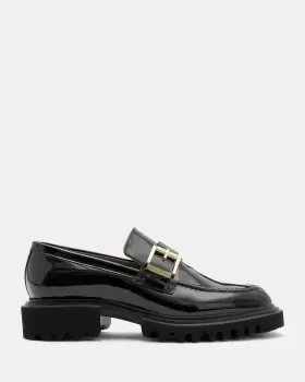 Image of AllSaints Emily Buckle Patent Leather Loafer Shoes