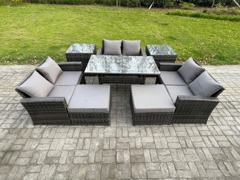 Image of Fimous Wicker PE Rattan Garden Furniture Sets Outdoor Lounge Sofa Set with Oblong Dining Table Double Seat Sofa 2 Big Footstool in Dark Grey Dark Grey