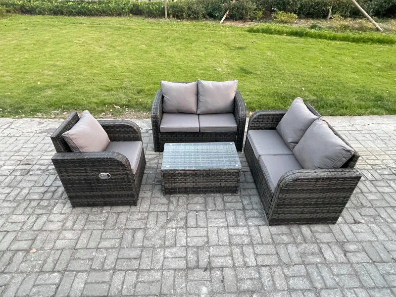 Image of Fimous High Back Rattan Garden Furniture Set with Loveseat Sofa Rectangular Coffee Table Indoor Outdoor Patio Lounge Sofa Set Dark Grey Mixed Dark Gre