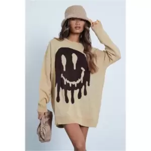Image of I Saw It First Stone Oversized Smiley Face Knitted Jumper - Brown