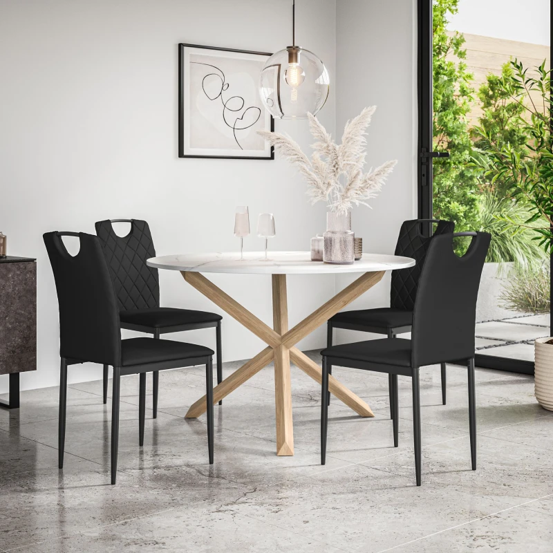 Image of More4Homes Malvern Round Dining Table And Chairs - Marble Table Top W Solid Oak Legs + Monza Faux Leather Dining Chair Set Of 4 (Black)