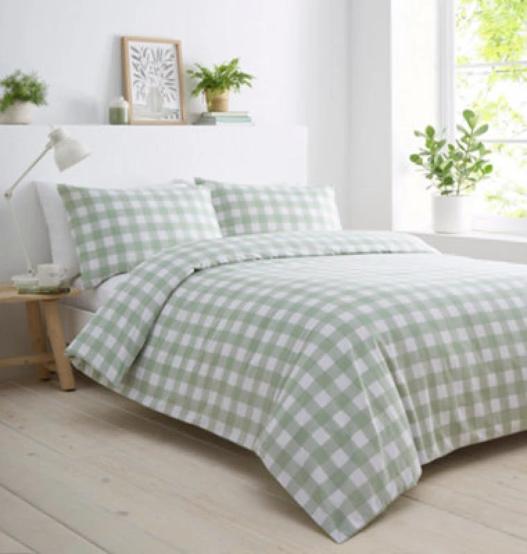 Image of Portfolio Home Gingham Check Sage Super King Soft Easy Care Bed Linen Bedding Duvet Cover Quilt Set With Pillow Cases
