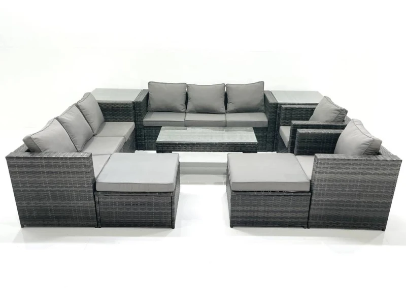 Image of Fimous Rattan Garden Furniture Sofa Set with Coffee table Armchair 2 Side Tables 2 Big Footstools Dark Grey Mixed Dark Grey