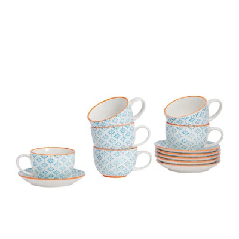 Image of Nicola Spring 12 Piece Hand-Printed Cappuccino Cup & Saucer Set - 250ml - Blue