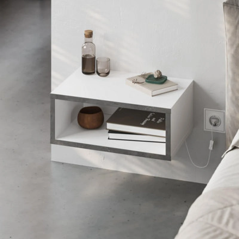 Image of Decortie Modern Floating Bedside Table With LED Lights 45Cm Wall-Mount Nightstand End Table Open Shelf Bedroom White, Retro Grey