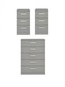 Image of Sanford High Gloss Ready Assembled 3 Piece Package - Chest Of 5 Drawers And 2 Bedside Chests