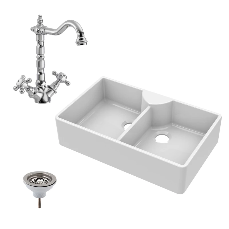 Image of Balterley Fireclay 2 Bowl Stepped Weir Butler Sink Tap Ledge Tap Waste 895mm White