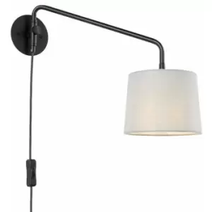 Image of Loops - Adjustable Swing Arm Wall Light Matt Black & Grey Fabric Shade Mains Plug in