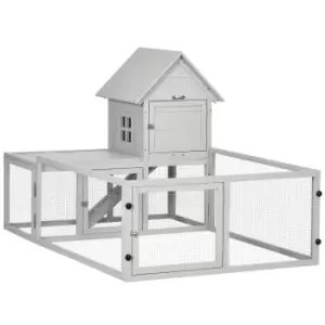 Image of PawHut Wooden Rabbit Hutch with Extra Fenced Area, Large Guinea Pig Cage, Small Animal House for Indoor with Slide-out Tray, Light Grey