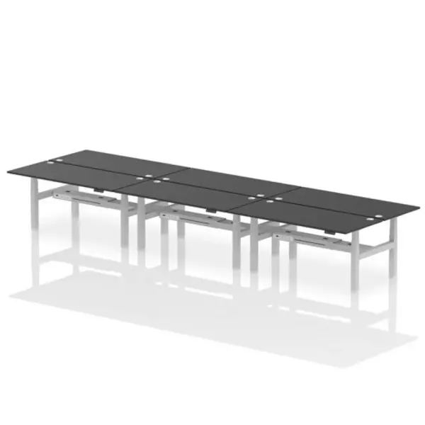 Image of Air Air Back-to-Back 1800 x 800mm Height Adjustable 6 Person Bench Desk Black Top with Cable Ports Silver Frame HASCP6P18800BLKS