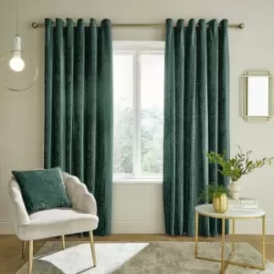 Image of Catherinelansfield - Catherine Lansfield Geo Cut Velvet Deco Lined Eyelet Curtains, Forest Green, 66 x 54 Inch