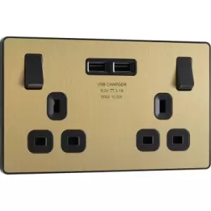 Image of BG Evolve Brushed (Black Ins) Double Switched 13A Power Socket + 2 X USB (3.1A) in Brass Steel