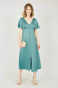 Image of Blue Satin Button Down Midi Dress