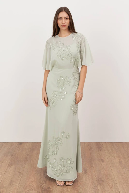 Image of Maya Deluxe Womens Floral Embellished Angel Sleeve Maxi Dress in Light Green Size: 10 Light Green Female 10
