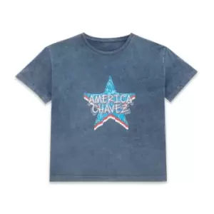 Image of Marvel Dr Strange America Chavez Star Womens Cropped T-Shirt - Navy Acid Wash - M
