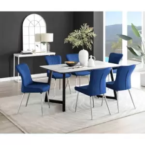 Image of Furniture Box Carson White Marble Effect Dining Table and 6 Blue Nora Silver Leg Chairs