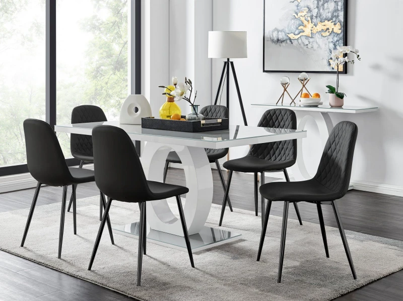 Image of FurnitureboxUK Giovani 6-Seater Grey Glass Dining Table & 6 Corona Faux Leather Dining Chairs in Black Unisex