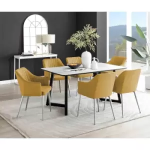 Image of Furniture Box Carson White Marble Effect Dining Table and 6 Mustard Calla Silver Leg Chairs