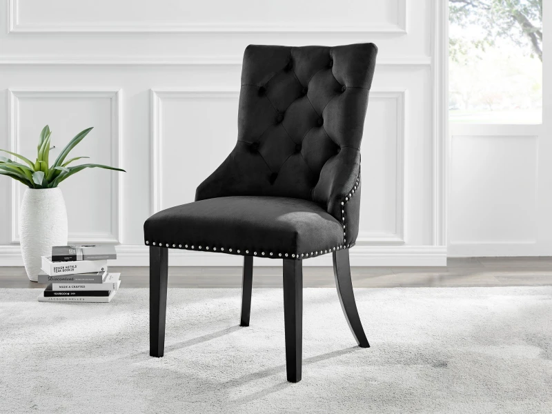 Image of FurnitureboxUK FurnitureboxUK Set of 2 Belgravia Deep Padded Soft Velvet & Chrome Knockerback Dining Chairs With Black Powder Coated Legs Black One Si