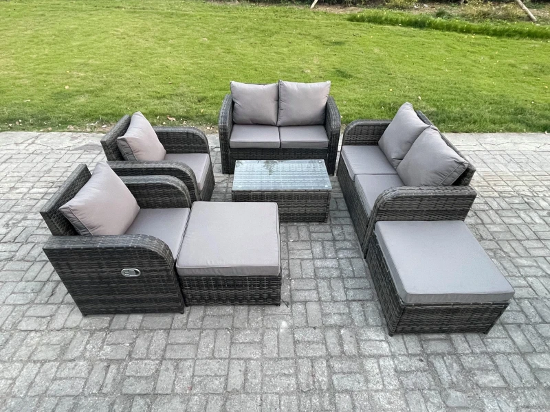 Image of Fimous 8 Seater Garden Furniture Set Rattan Outdoor Lounge Sofa Chair With Tempered Glass Table 2 Big Footstool Dark Grey Mixed Dark Grey