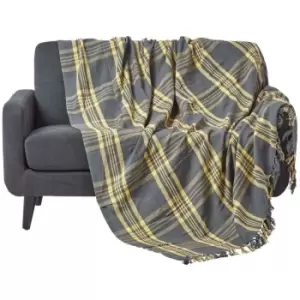 Image of Grey & Yellow Tartan Check Sofa and Bed Throw, 225 x 255cm - Grey - Homescapes