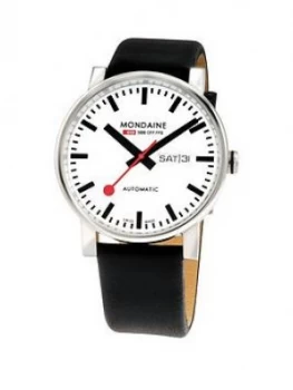 Image of Mondaine Mondaine Swiss Made Evobig White Daydate Automatic Dial Polished Stainless Steel 40Mm Case Black Leather Strap Watch