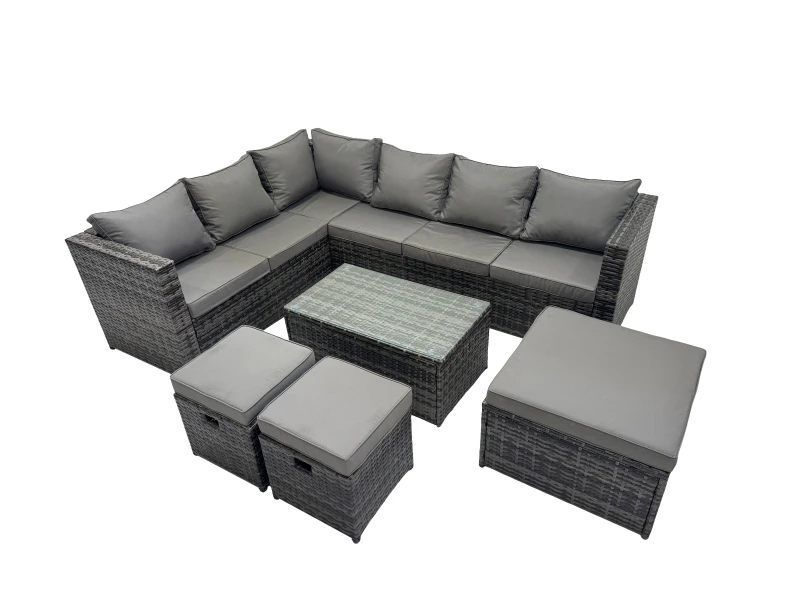 Image of Fimous Outdoor Rattan Garden Furniture Set with 3 Stools Dark Grey Mixed Dark Grey Unisex