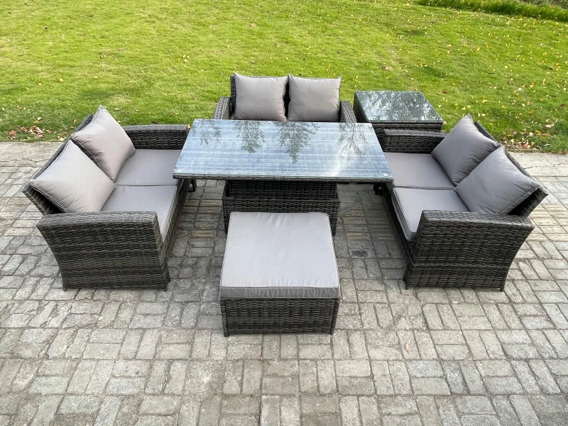 Image of Fimous 7 Seater Rattan Wicker Garden Furniture Patio Conservatory Sofa Set with Height Adjustable Rising Lifting Table Footstool in Dark Grey Dark Gre