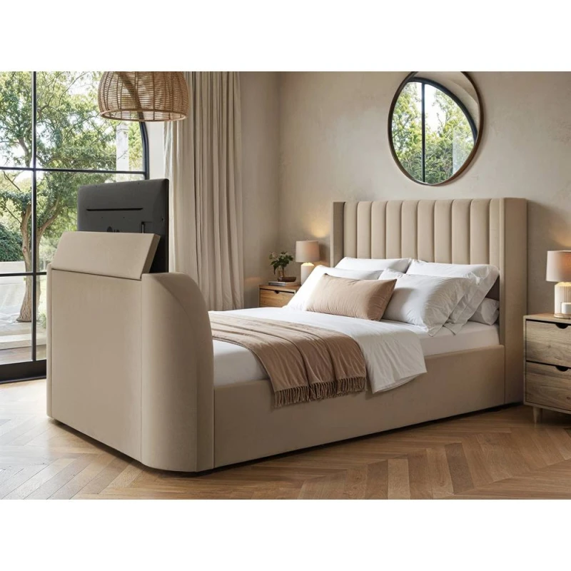 Image of Flair Fallon TV Side Lift Ottoman Bed Beige Velvet Size: Double Beige Unisex Double