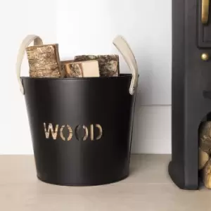 Image of Rowan Small Leather Handled Fireside Wood Bucket Classic Style Iron Suede - Black