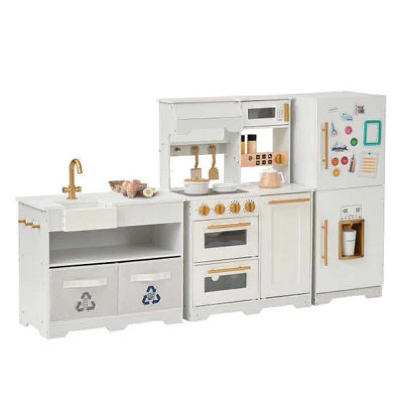Image of Teamson Kids Little Chef Atlanta Modular Play Kitchen In White & Gold With 17 Accessories, Magnetic Fridge & Realistic Details