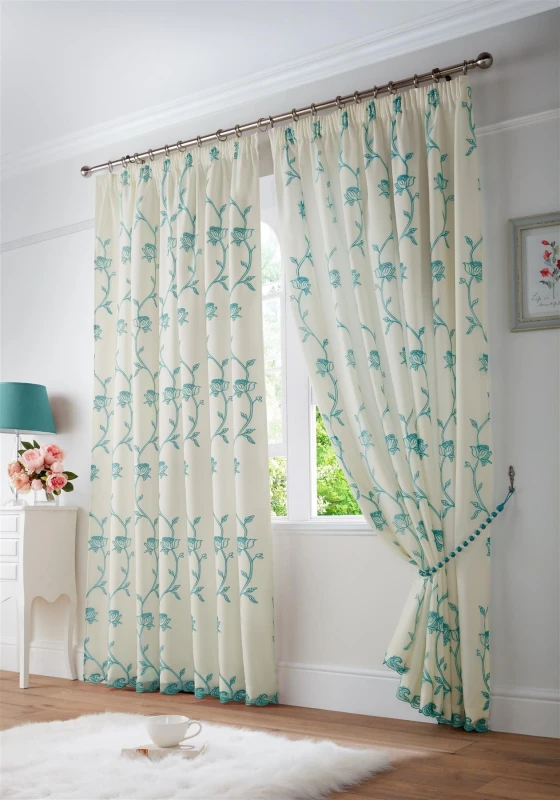 Image of Luxury Living Exe Embroidery Voile Curtains in Teal Size: 229cm width x 229cm drop Teal Unisex 229cm width x 229cm drop