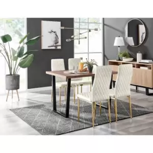 Image of Furniture Box Kylo Brown Wood Effect Dining Table and 4 Cream Velvet Milan Gold Leg Chairs