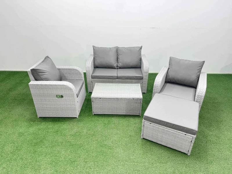Image of Fimous Light Grey PE Wicker Rattan Garden Furniture Set Sofa Set Reclining Adjustable Chair Rectangular Coffee Table 5 Seater With Footstool Light Gre